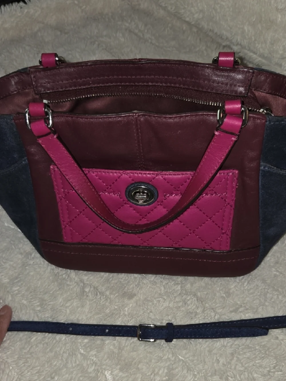 Coach Color Block Tote with Fuchsia Burgundy Quilted Front and Navy Accents - Picture 14 of 14